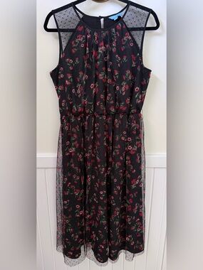 Draper James RSVP Black Floral Swiss Dot Mesh Midi Dress Medium